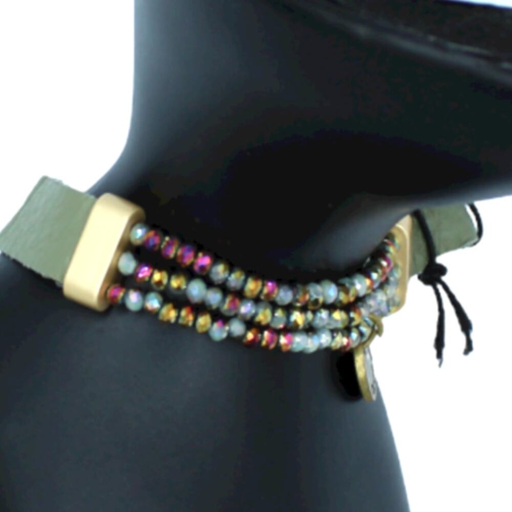 Anthropologie X Cocobelle Gold Shine-on Beads Green Leather Bracelet ~ NEW